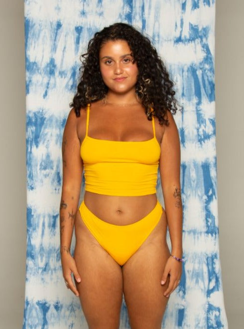 Front of kowhai yellow aroha crop singlet. Bamboo underwear. Bare boutique
