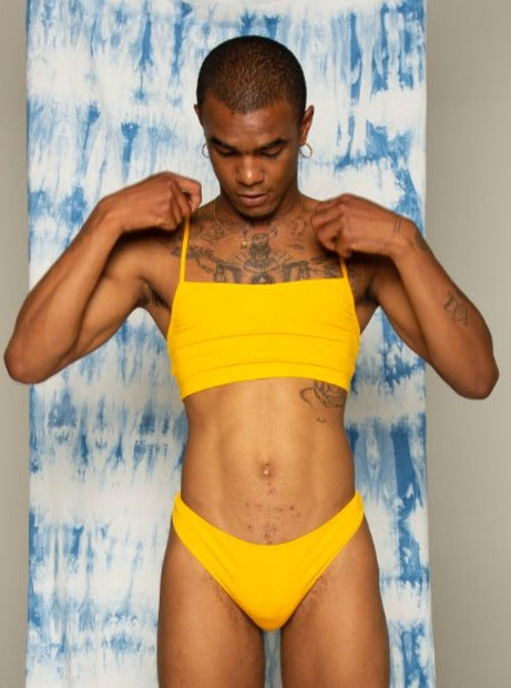 Front of kowhai yellow koha crop top. Bamboo underwear. Bare boutique