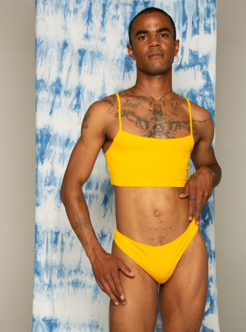 Front of kowhai yellow ahi thong. Bamboo underwear. Bare boutique