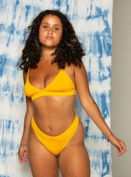 Front of kowhai yellow awhi bralette. Bamboo underwear. Bare boutique